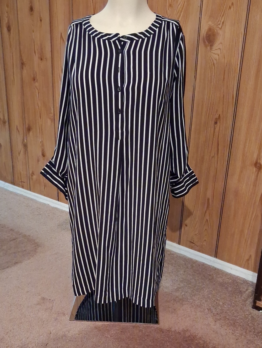 LOFT Black & White Vertical Stripe Long Sleeve Shirt Dress